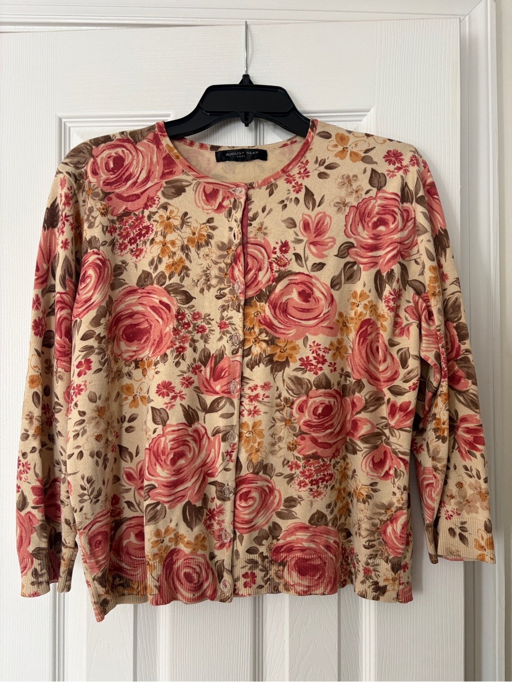 august silk Cream Floral Cardigan with Pink Roses and Gold Accents
